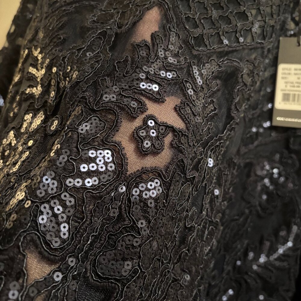 Tadashi Shoji Navy blue floral lace shimmering sequin Formal cover up/poncho - Picture 11 of 15